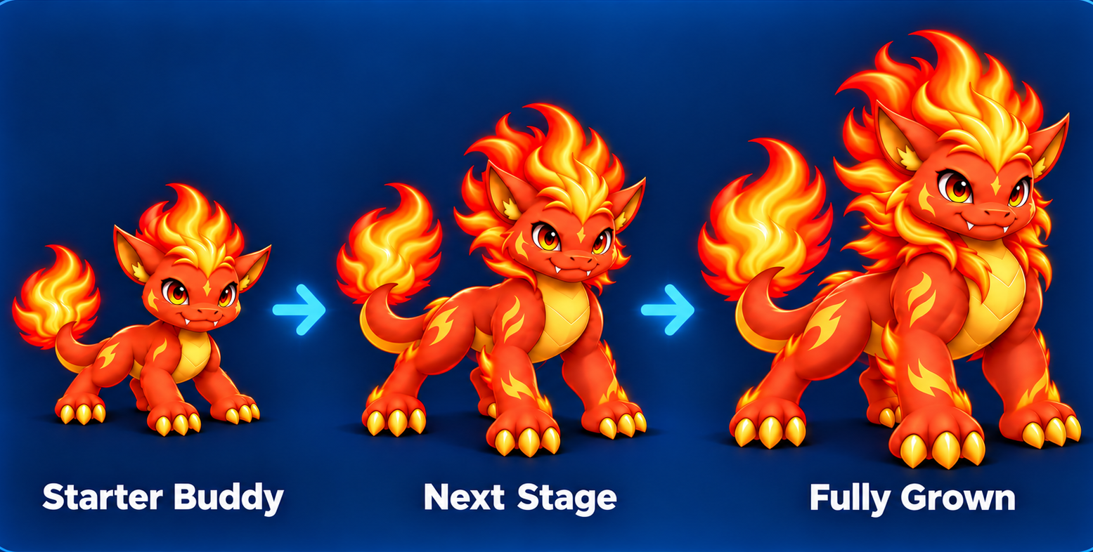 Pyra growing from Starter Buddy to Next Stage to Fully Grown