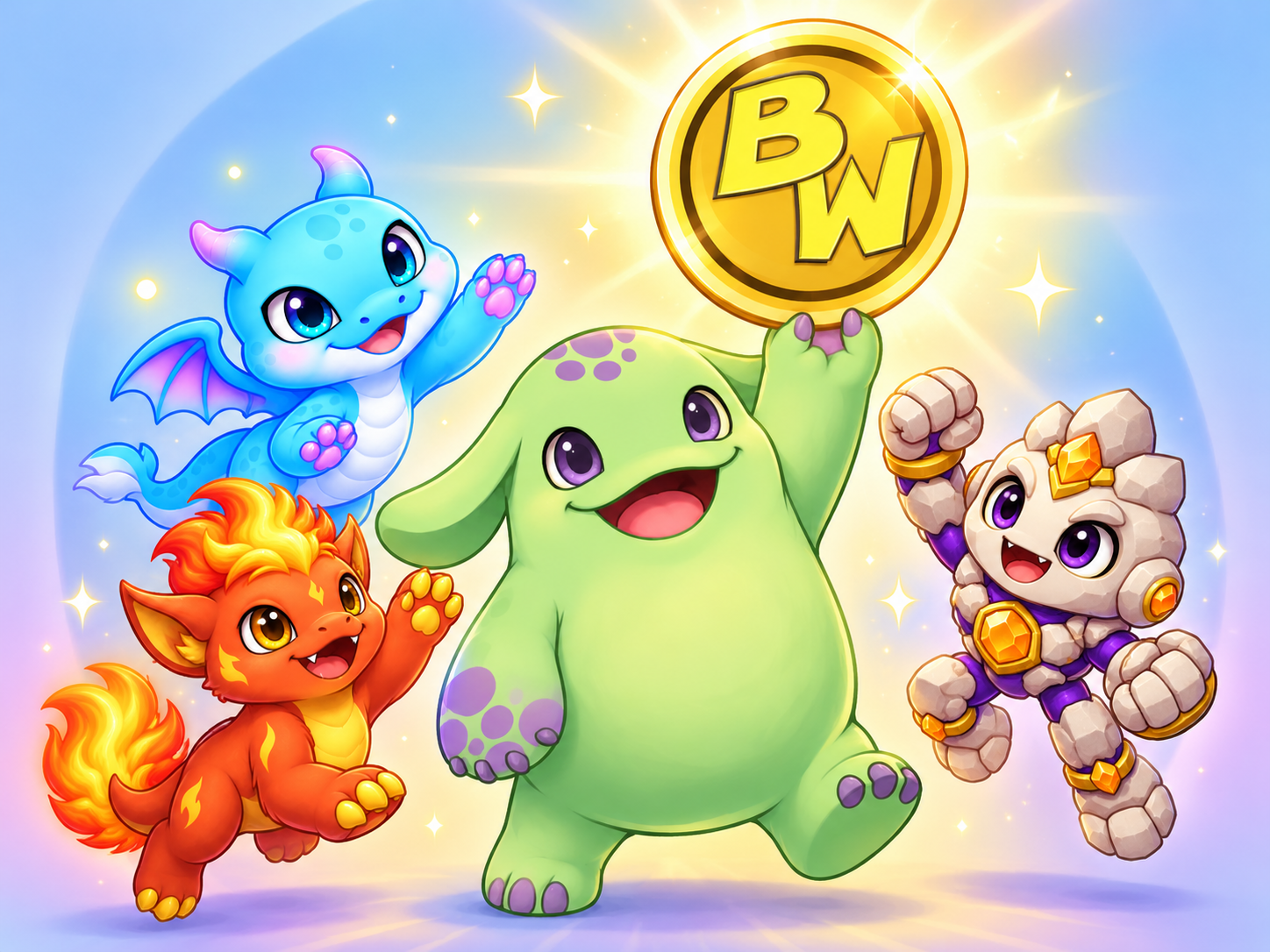Finn holding a Buddy Token while starter Pyra, Nova, and Rokko celebrate around him