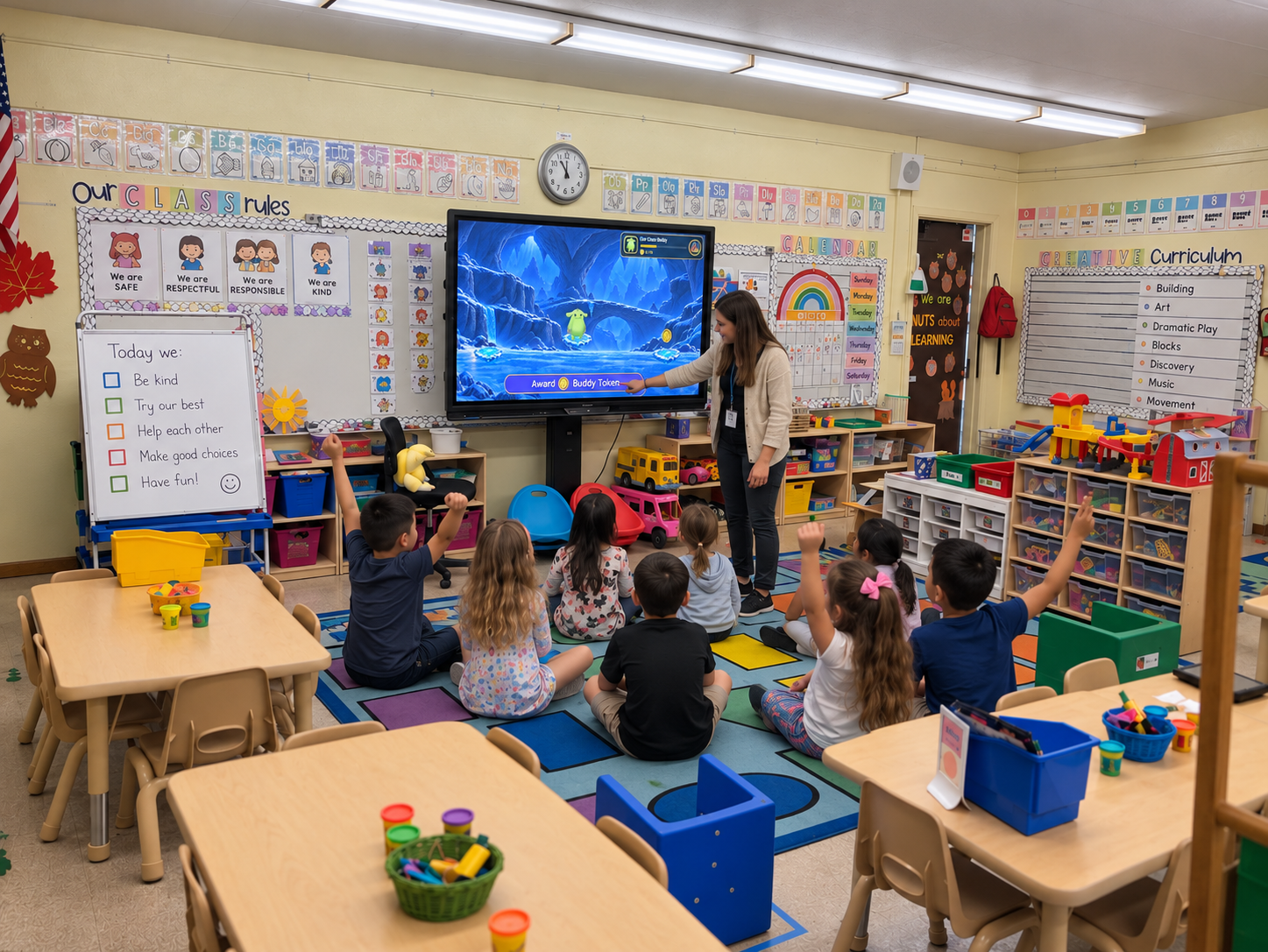 Teacher using one shared Behavior World class Buddy with students in a classroom