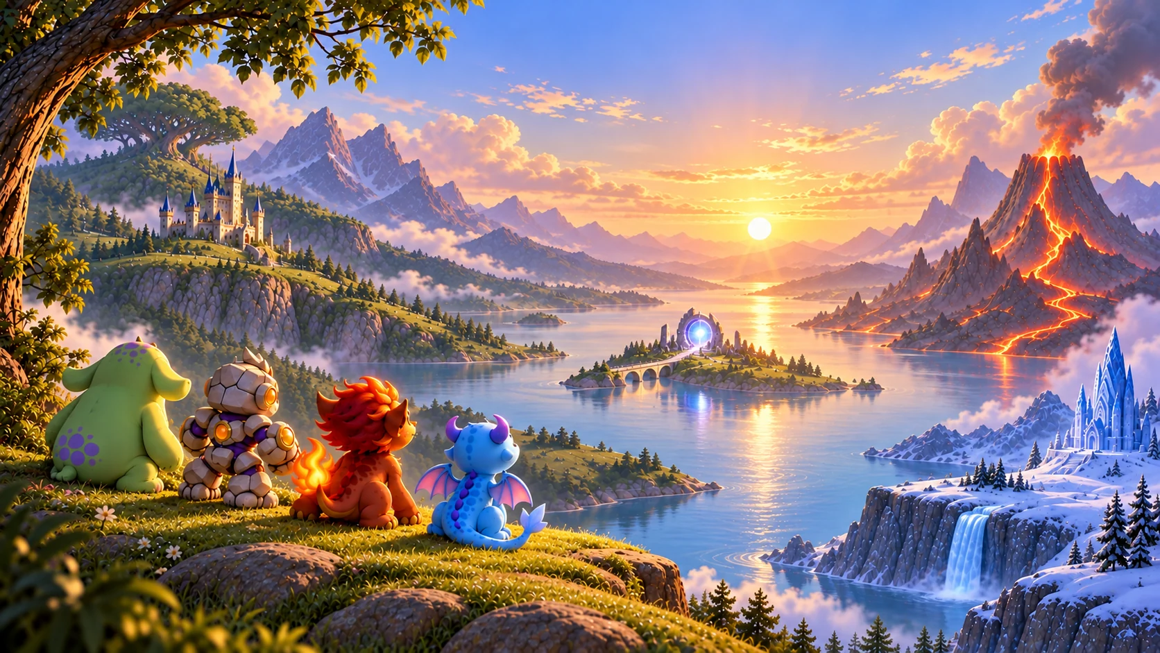 Finn, Rokko, Pyra, and Nova overlooking the connected Behavior World landscape and central gateway